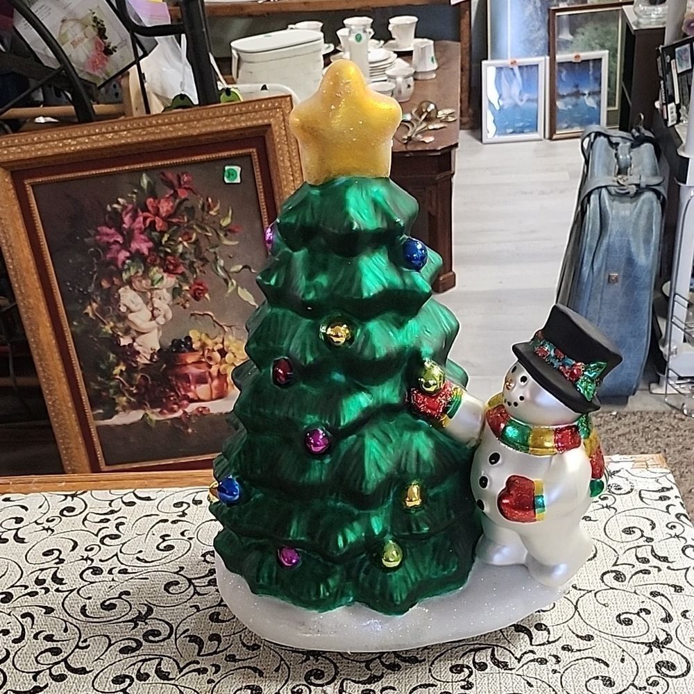 Festive Green Christmas Tree with Snowman Figurine